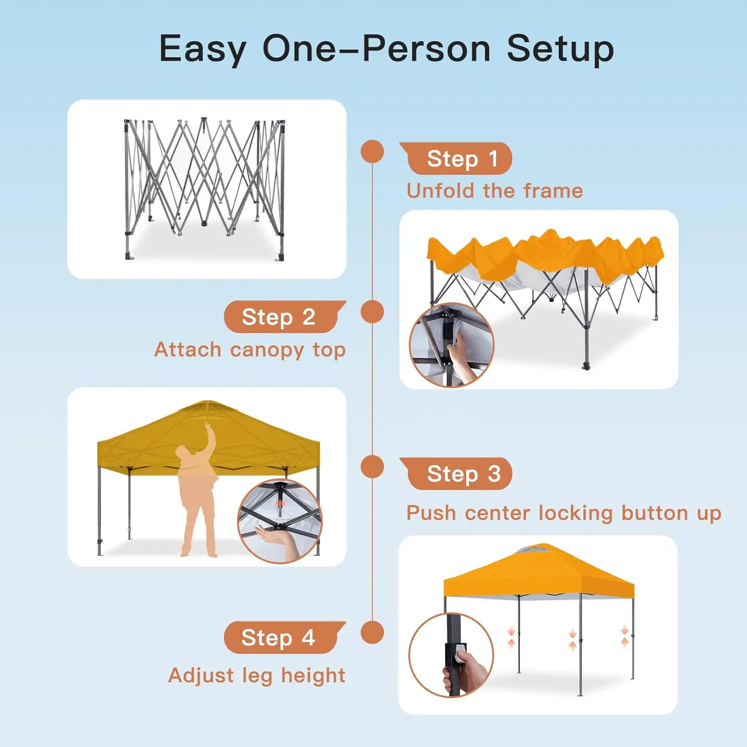 Amada 10x10ft 1-Person Setup Pop Up Canopy Tent - Easy Outdoor Sun Shade for Events, Parties, Camping, Gazebo with Wheel Cover Bag, Beach Tent with 3-Speed Adjustable Height,Orange