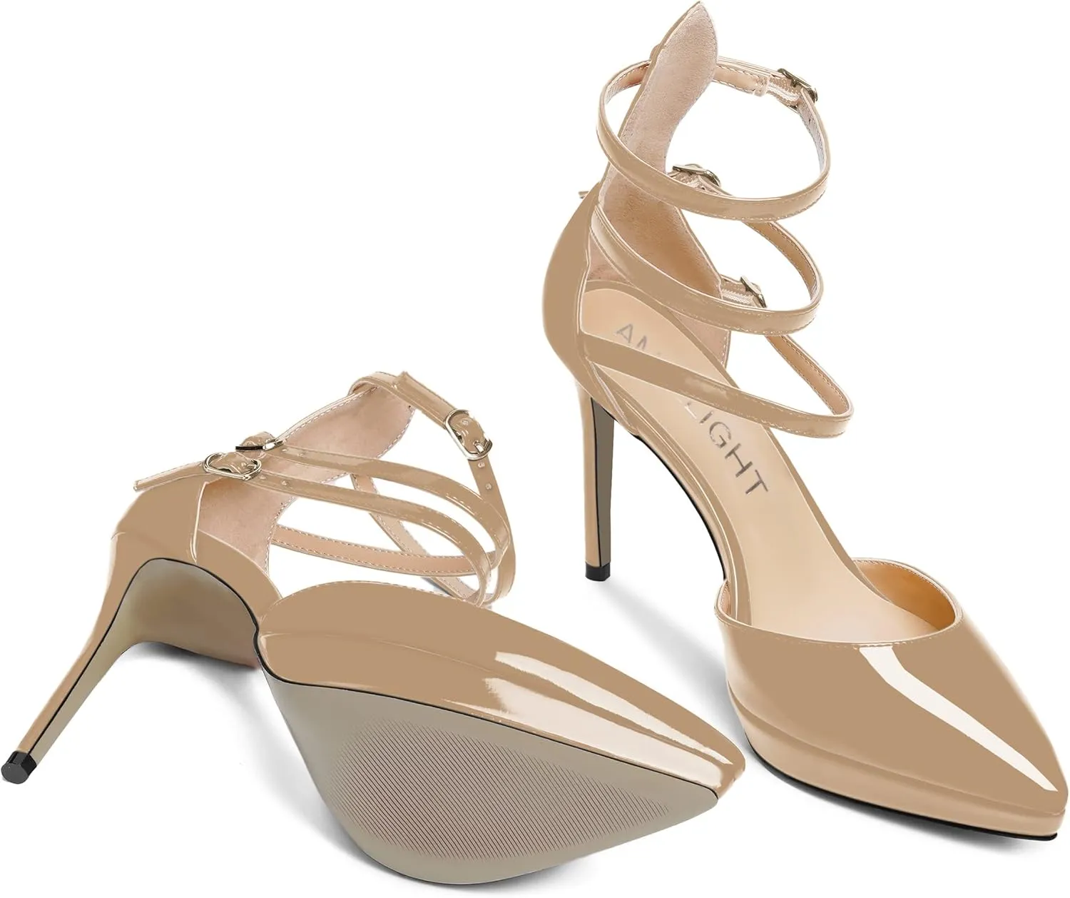 AMBELIGHT Womens Evening Patent Ankle Strap Dress Heels Buckle Pointed Toe Platform Stiletto High Heel Pumps Shoes 4 Inch