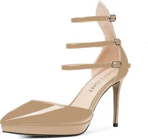 AMBELIGHT Womens Evening Patent Ankle Strap Dress Heels Buckle Pointed Toe Platform Stiletto High Heel Pumps Shoes 4 Inch