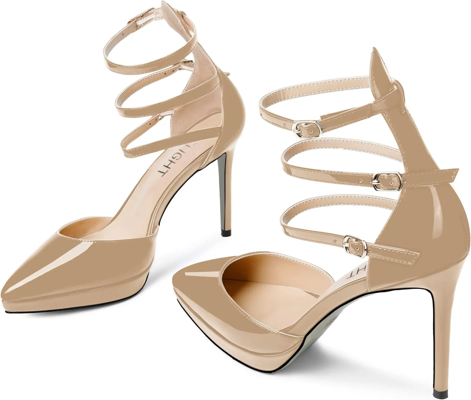 AMBELIGHT Womens Evening Patent Ankle Strap Dress Heels Buckle Pointed Toe Platform Stiletto High Heel Pumps Shoes 4 Inch