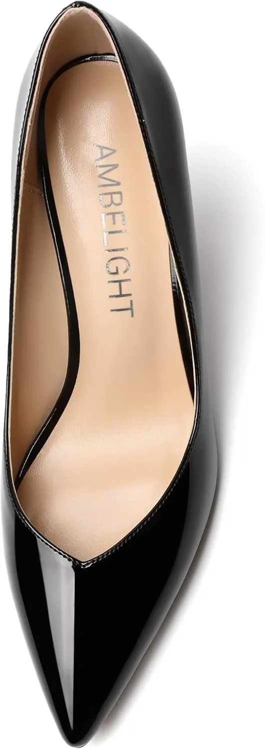 AMBELIGHT Womens Patent Pointed Toe Slip On Dating Dress Ankle Strap Stiletto High Heel Pumps Shoes 3.3 Inch