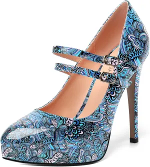 AMBELIGHT Womens Platform Pointed Toe Solid Buckle Party Patent Ankle Strap Dress Stiletto High Heel Pumps Shoes 4.7 Inch