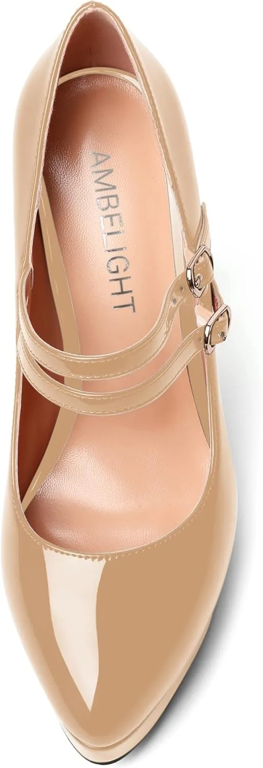 AMBELIGHT Womens Platform Pointed Toe Solid Buckle Party Patent Ankle Strap Dress Stiletto High Heel Pumps Shoes 4.7 Inch