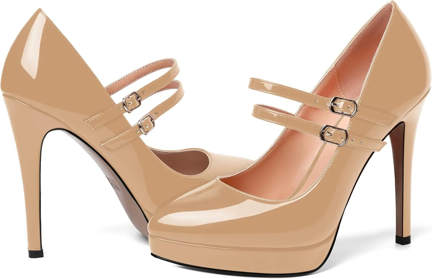 AMBELIGHT Womens Platform Pointed Toe Solid Buckle Party Patent Ankle Strap Dress Stiletto High Heel Pumps Shoes 4.7 Inch