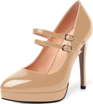 AMBELIGHT Womens Platform Pointed Toe Solid Buckle Party Patent Ankle Strap Dress Stiletto High Heel Pumps Shoes 4.7 Inch