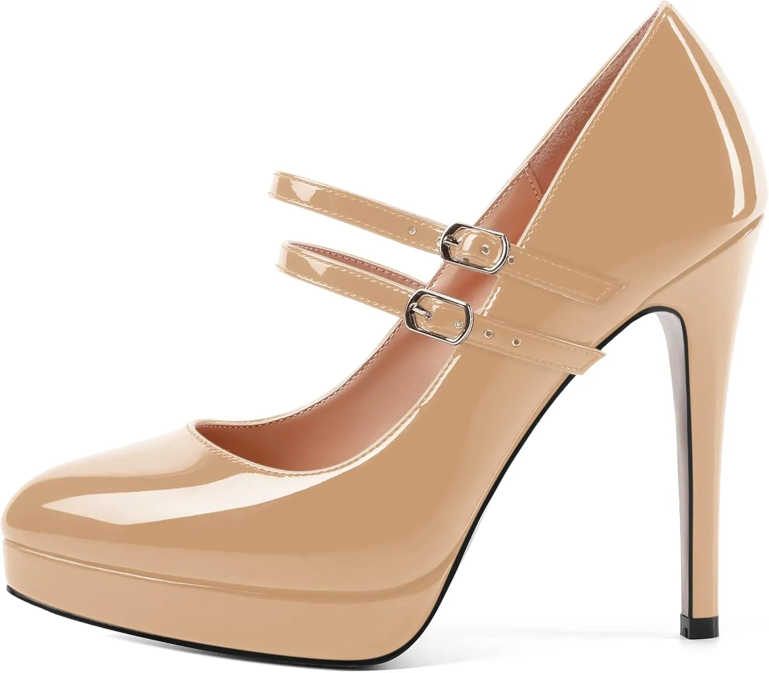 AMBELIGHT Womens Platform Pointed Toe Solid Buckle Party Patent Ankle Strap Dress Stiletto High Heel Pumps Shoes 4.7 Inch