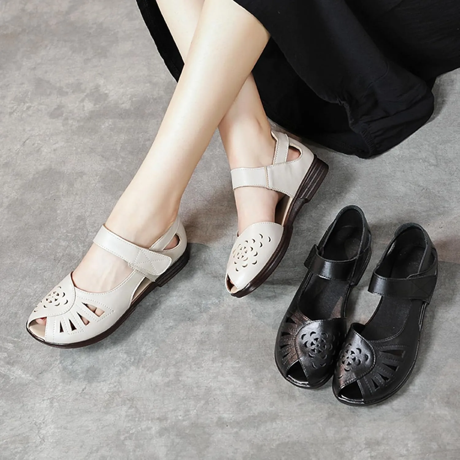 AngryMonkey Women's Leather Peep Toe Sandals,Summer Comfort Breathable Non-slip Softsole Mary Jane Casual Oxford Dress Shoes