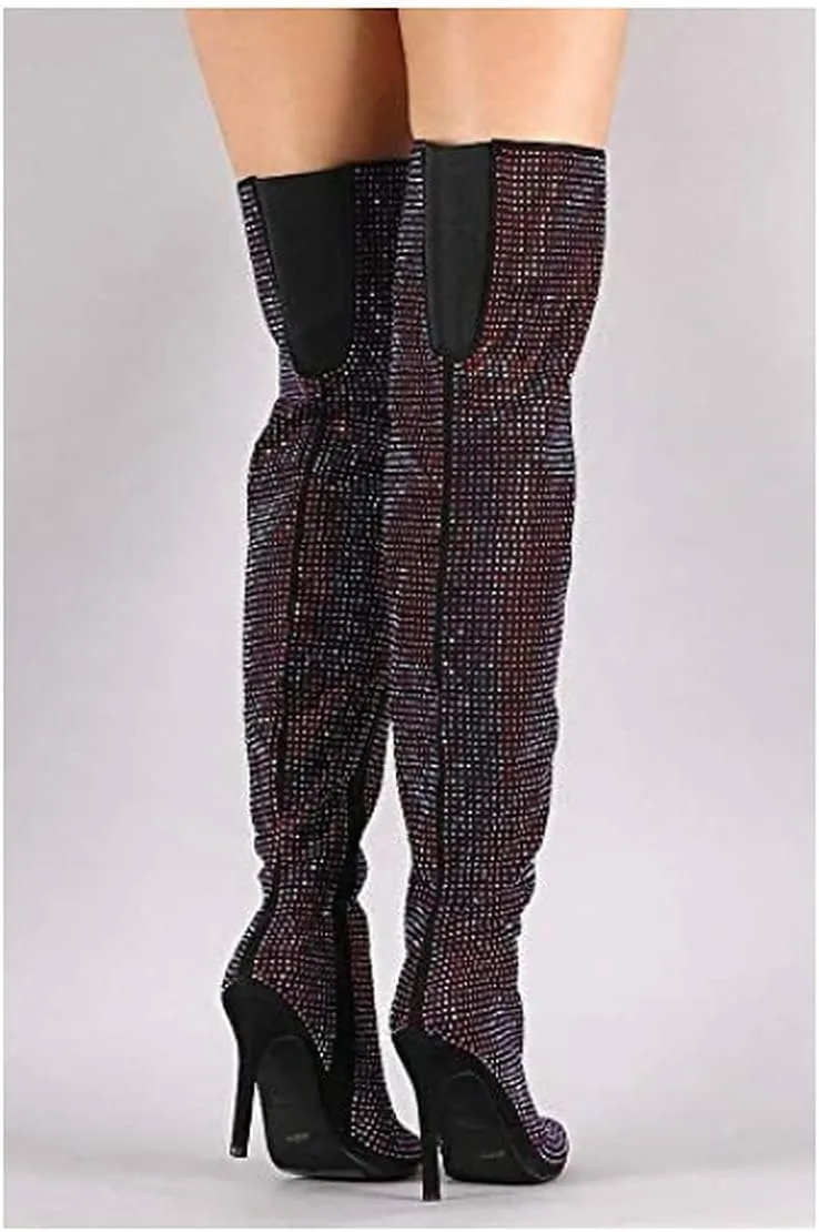 Anne Michelle Women's All Over Diamond Rhinestone Stripe Front Slouchy Thigh High Stiletto Boots