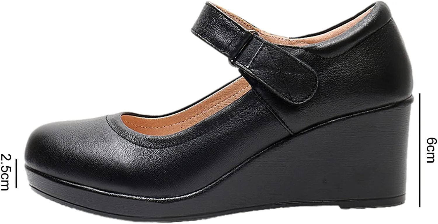 ANUFER Women's High Platform Wedge Heel Mary Jane Shoes Hook&Loop Ankle Strap Leather Pumps