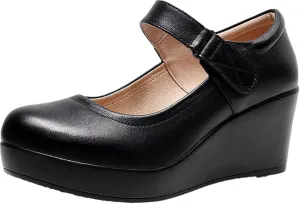 ANUFER Women's High Platform Wedge Heel Mary Jane Shoes Hook&Loop Ankle Strap Leather Pumps