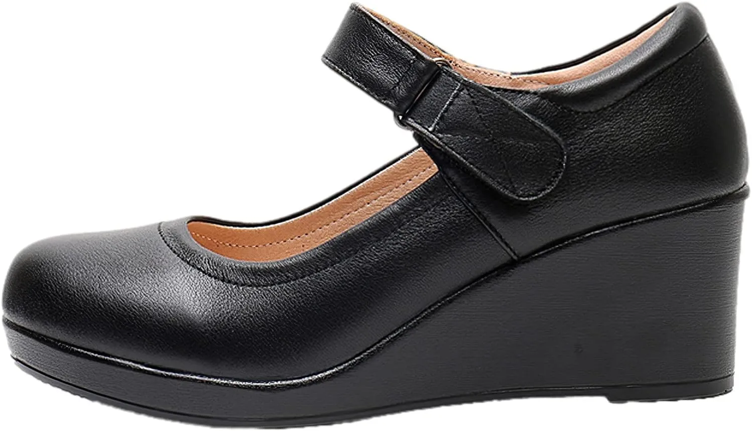 ANUFER Women's High Platform Wedge Heel Mary Jane Shoes Hook&Loop Ankle Strap Leather Pumps