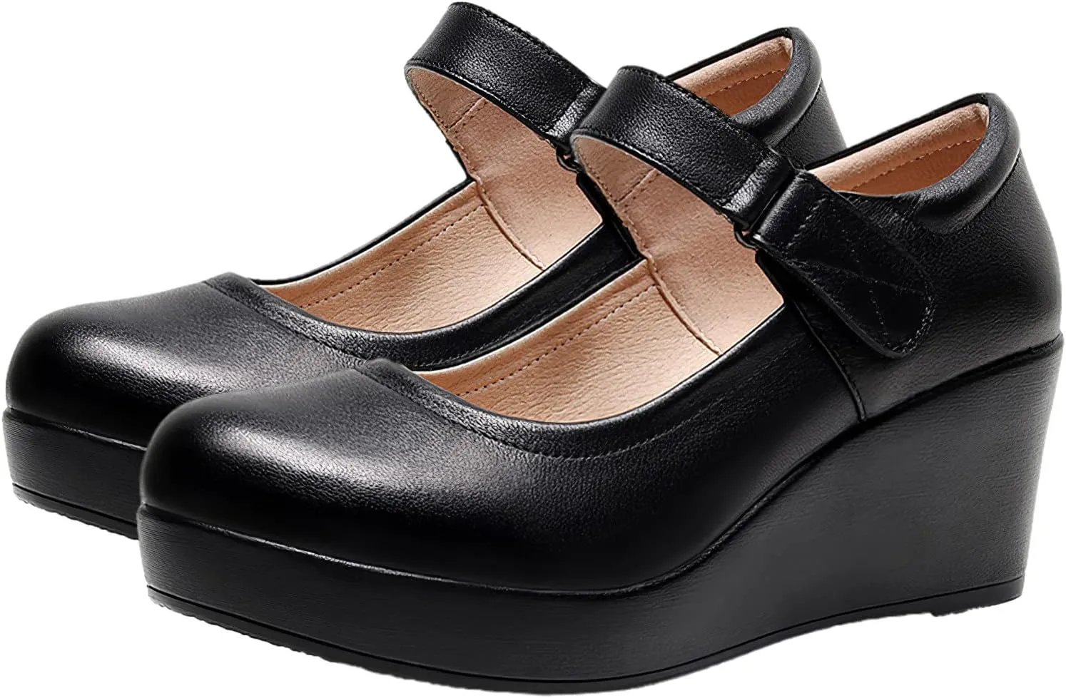 ANUFER Women's High Platform Wedge Heel Mary Jane Shoes Hook&Loop Ankle Strap Leather Pumps