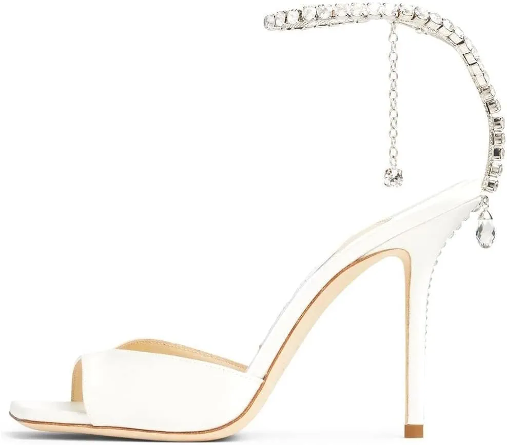 Arqa Rhinestone Ankle Strap Heeled Sandals Peep Toe Sparkly High Heels Slingback Stiletto Heels Wedding Pumps