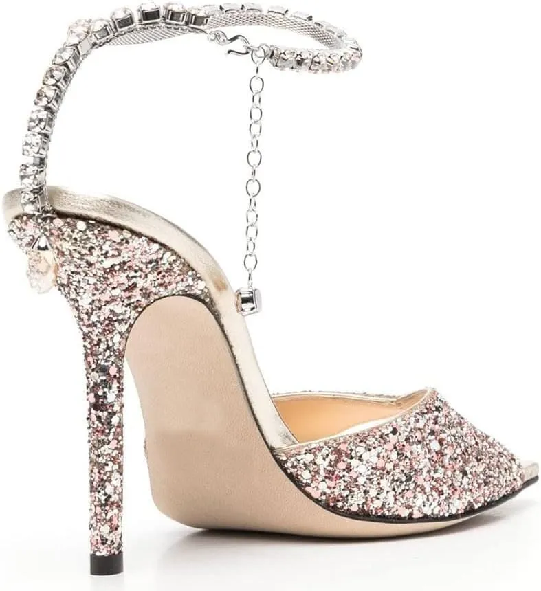 Arqa Rhinestone Ankle Strap Heeled Sandals Peep Toe Sparkly High Heels Slingback Stiletto Heels Wedding Pumps