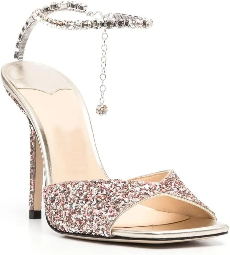 Arqa Rhinestone Ankle Strap Heeled Sandals Peep Toe Sparkly High Heels Slingback Stiletto Heels Wedding Pumps