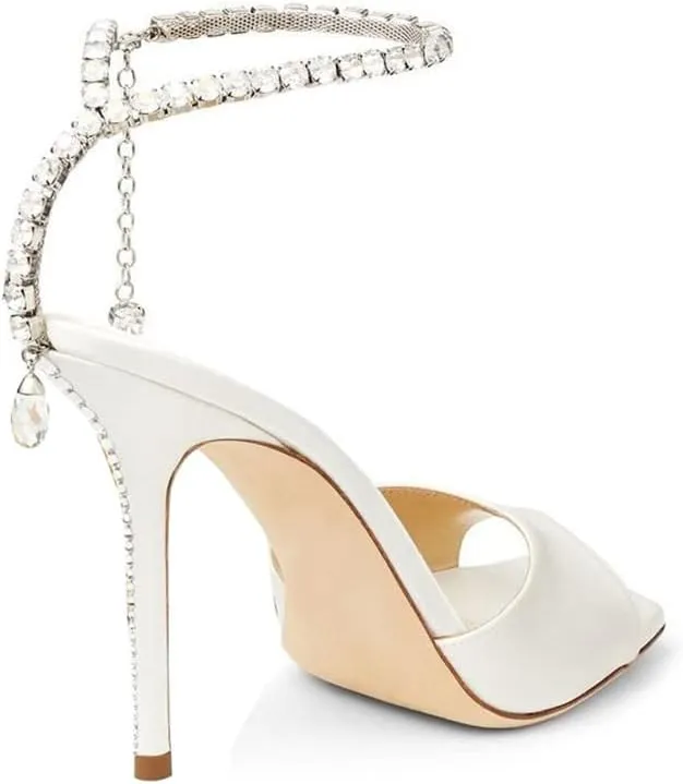 Arqa Rhinestone Ankle Strap Heeled Sandals Peep Toe Sparkly High Heels Slingback Stiletto Heels Wedding Pumps