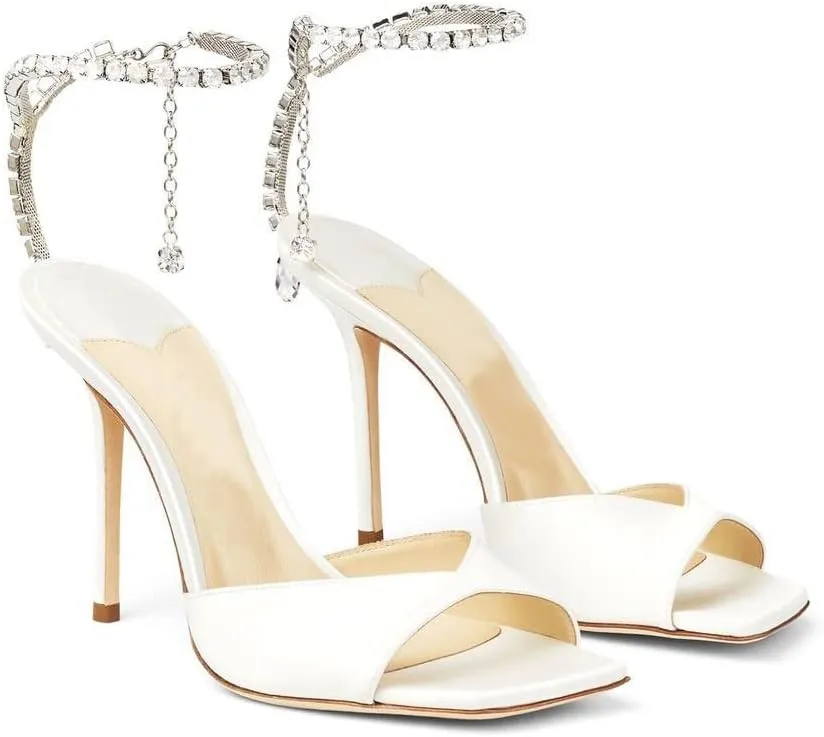 Arqa Rhinestone Ankle Strap Heeled Sandals Peep Toe Sparkly High Heels Slingback Stiletto Heels Wedding Pumps