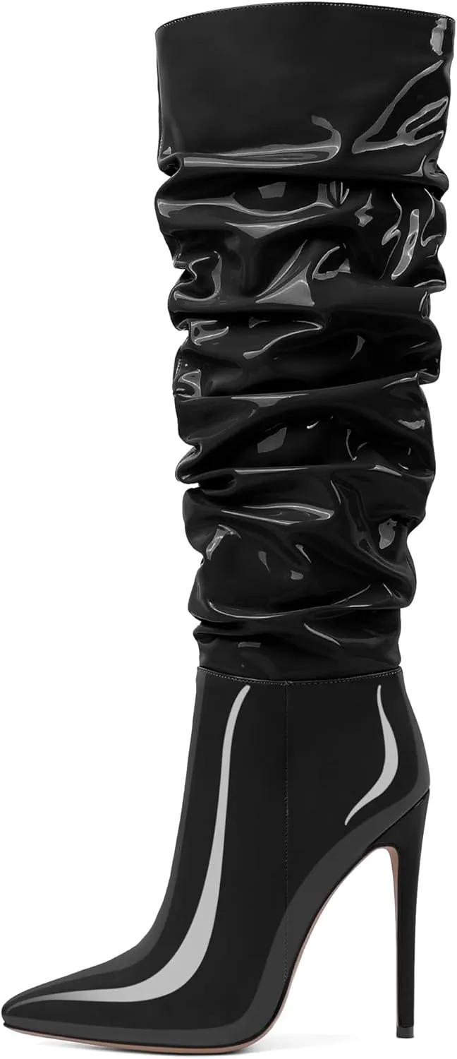 AUMOTED Knee High Boots for Women Stiletto Heel Womens Boots Side Zipper Slouchy High Boots for Women 4.7 Inch Heeled Boots