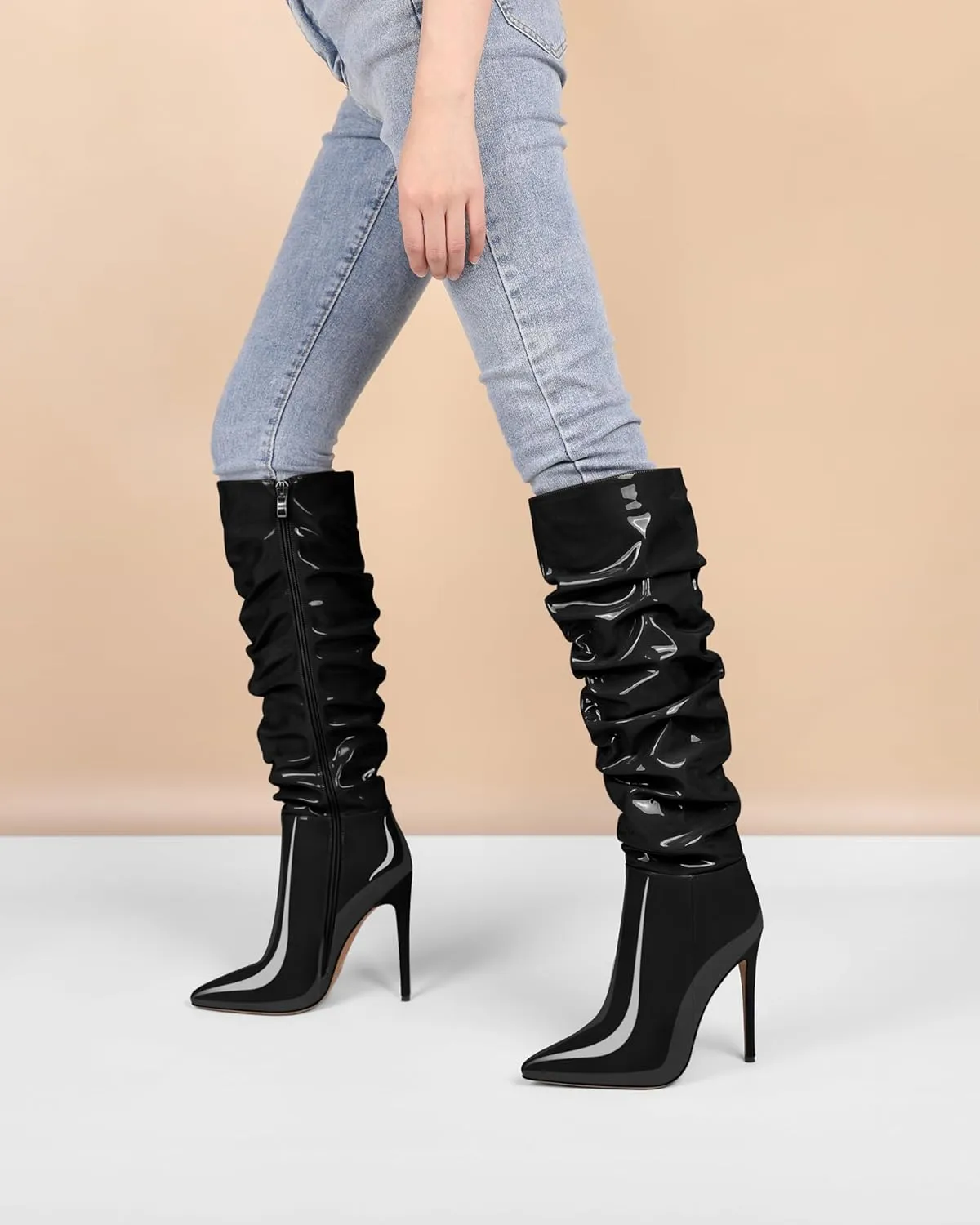 AUMOTED Knee High Boots for Women Stiletto Heel Womens Boots Side Zipper Slouchy High Boots for Women 4.7 Inch Heeled Boots