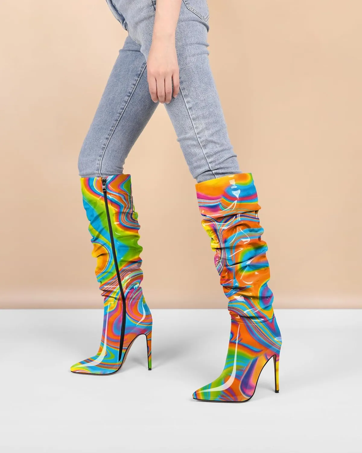 AUMOTED Knee High Boots for Women Stiletto Heel Womens Boots Side Zipper Slouchy High Boots for Women 4.7 Inch Heeled Boots