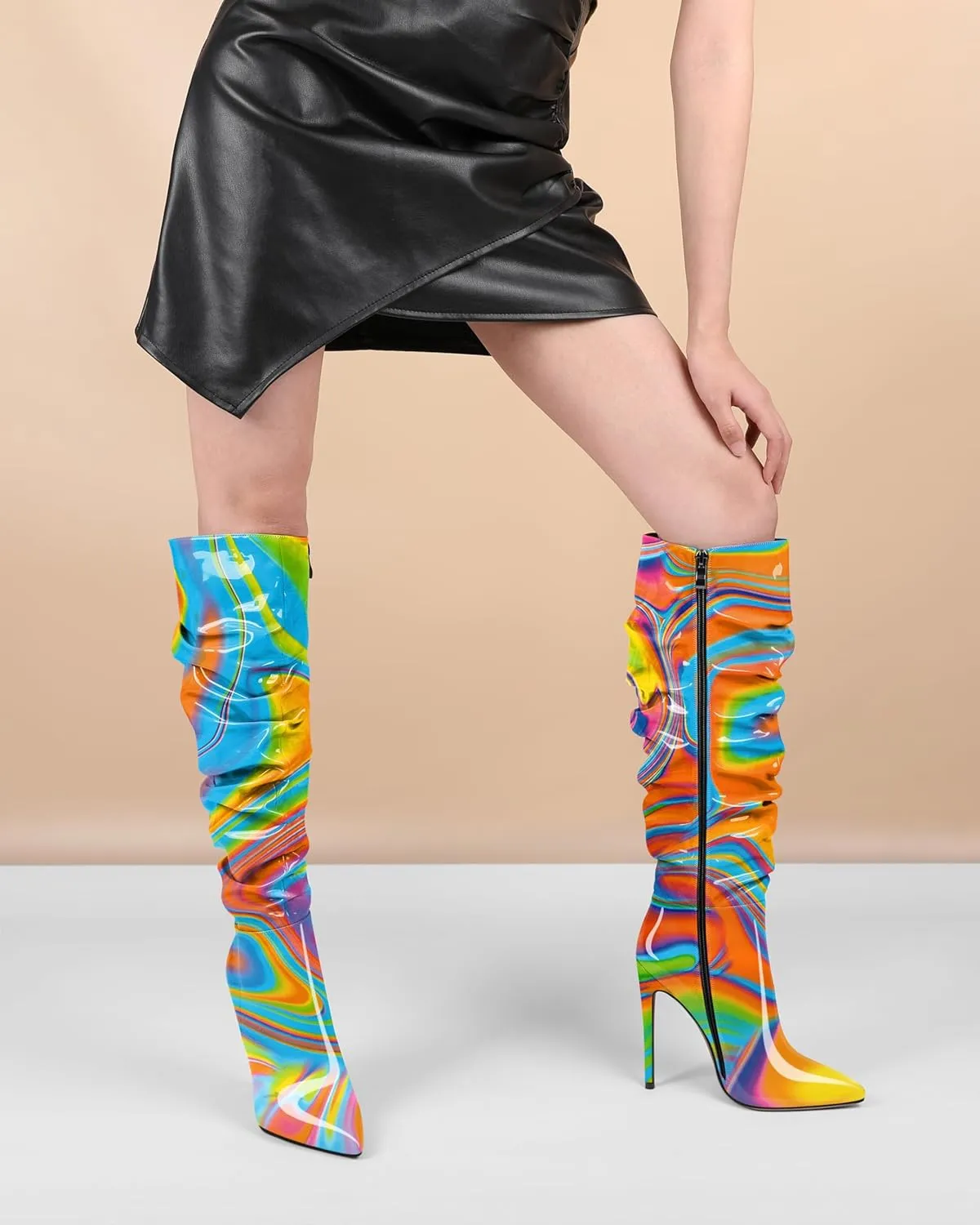 AUMOTED Knee High Boots for Women Stiletto Heel Womens Boots Side Zipper Slouchy High Boots for Women 4.7 Inch Heeled Boots