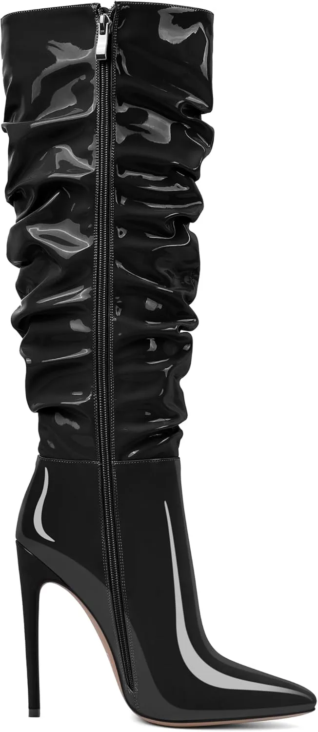 AUMOTED Knee High Boots for Women Stiletto Heel Womens Boots Side Zipper Slouchy High Boots for Women 4.7 Inch Heeled Boots