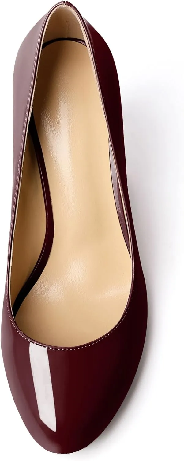 AUMOTED Women Casual Patent Round Toe Pumps Stiletto High Heel Slip On Evening Wedding Dress Shoes 3.4 Inch