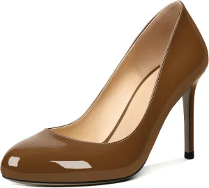 AUMOTED Women Casual Patent Round Toe Pumps Stiletto High Heel Slip On Evening Wedding Dress Shoes 3.4 Inch