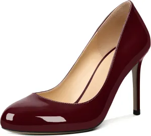AUMOTED Women Casual Patent Round Toe Pumps Stiletto High Heel Slip On Evening Wedding Dress Shoes 3.4 Inch