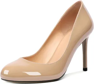 AUMOTED Women Casual Patent Round Toe Pumps Stiletto High Heel Slip On Evening Wedding Dress Shoes 3.4 Inch