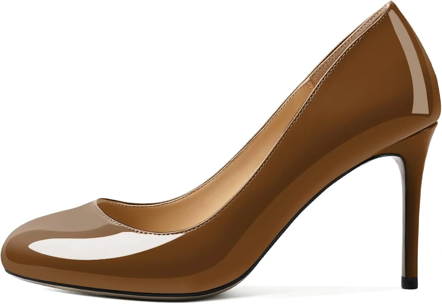AUMOTED Women Casual Patent Round Toe Pumps Stiletto High Heel Slip On Evening Wedding Dress Shoes 3.4 Inch
