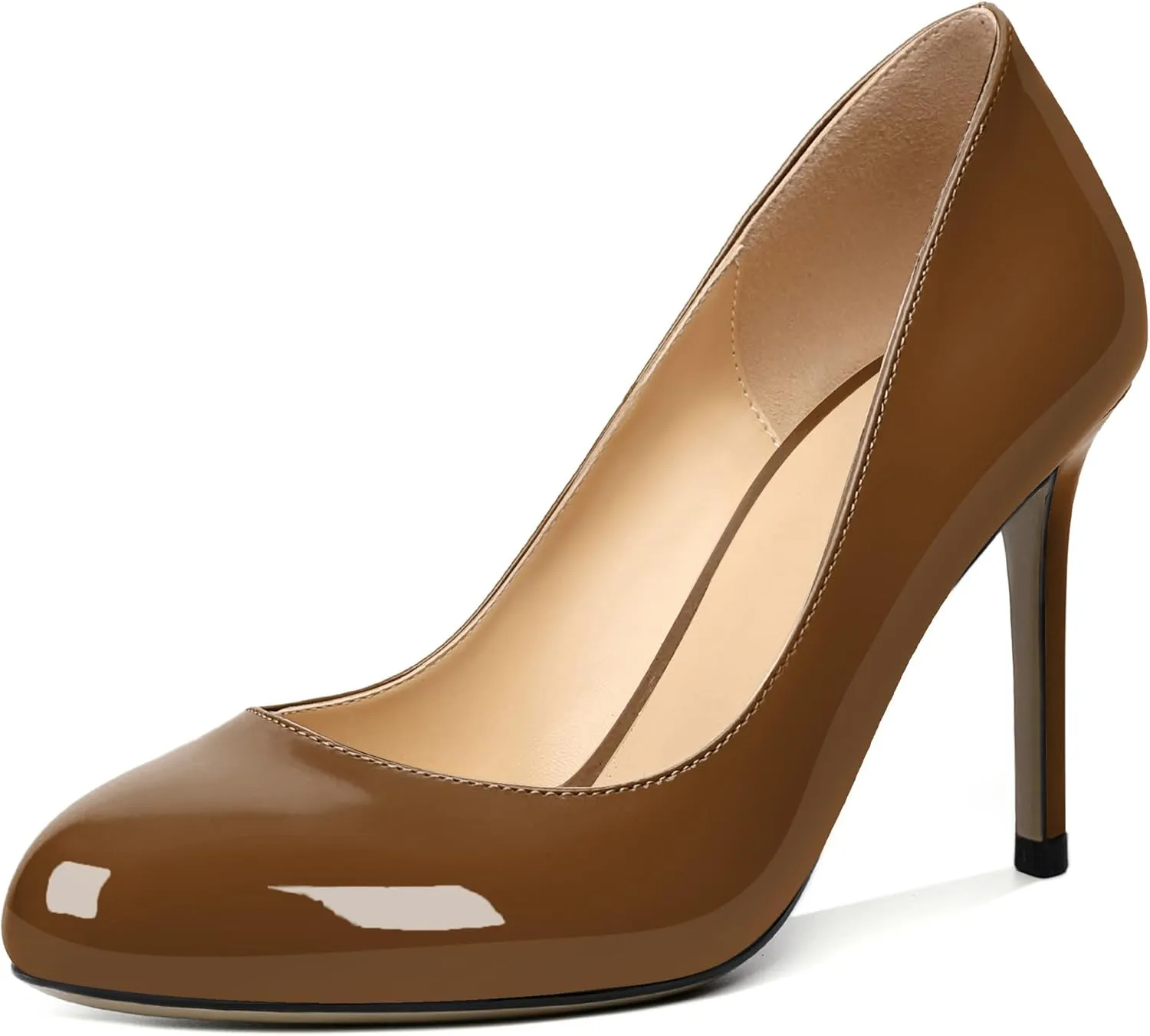 AUMOTED Women Casual Patent Round Toe Pumps Stiletto High Heel Slip On Evening Wedding Dress Shoes 3.4 Inch