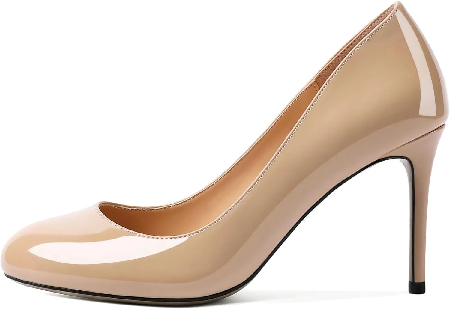 AUMOTED Women Casual Patent Round Toe Pumps Stiletto High Heel Slip On Evening Wedding Dress Shoes 3.4 Inch