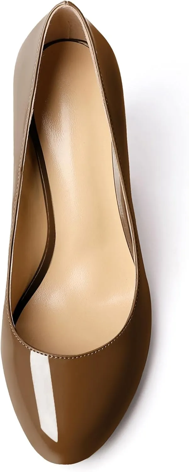 AUMOTED Women Casual Patent Round Toe Pumps Stiletto High Heel Slip On Evening Wedding Dress Shoes 3.4 Inch