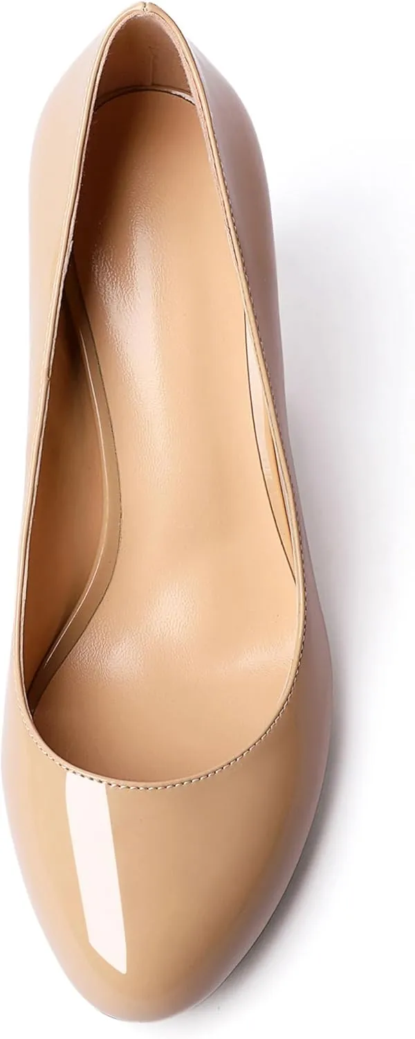 AUMOTED Women Casual Patent Round Toe Pumps Stiletto High Heel Slip On Evening Wedding Dress Shoes 3.4 Inch