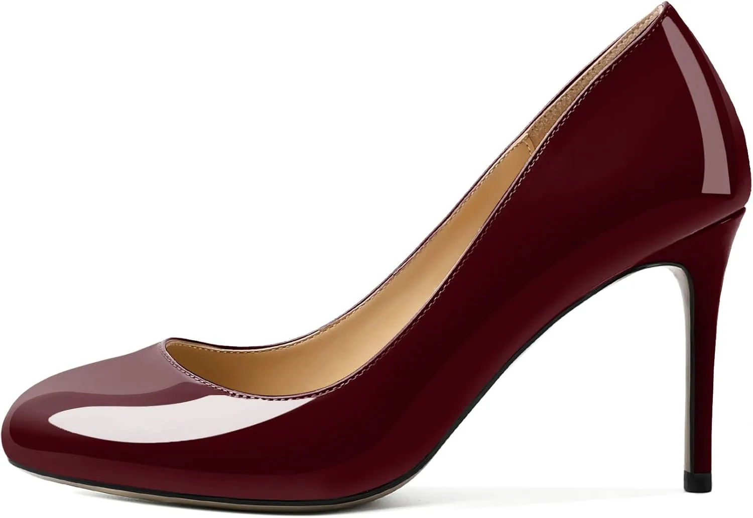 AUMOTED Women Casual Patent Round Toe Pumps Stiletto High Heel Slip On Evening Wedding Dress Shoes 3.4 Inch