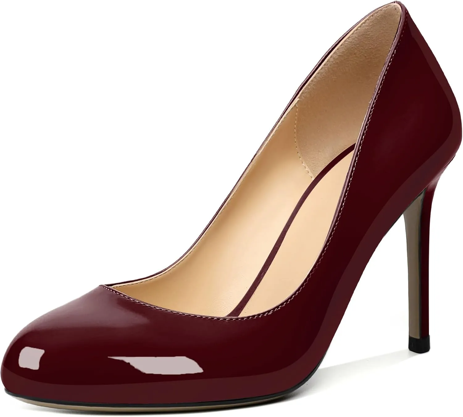 AUMOTED Women Casual Patent Round Toe Pumps Stiletto High Heel Slip On Evening Wedding Dress Shoes 3.4 Inch