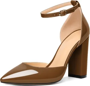 AUMOTED Women High Heel Pumps Chunky Heel Pointed Toe Patent Block Heels Ankle Strap Solid Dress Pumps Shoes 4 Inch