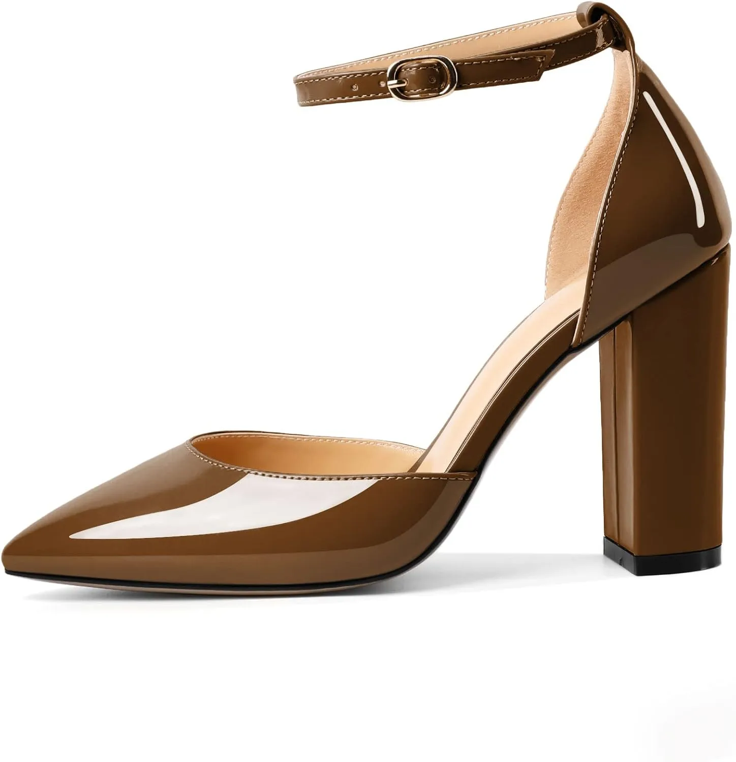 AUMOTED Women High Heel Pumps Chunky Heel Pointed Toe Patent Block Heels Ankle Strap Solid Dress Pumps Shoes 4 Inch