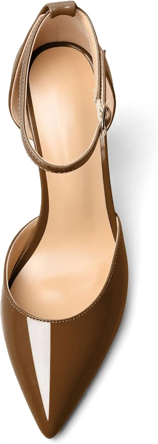 AUMOTED Women High Heel Pumps Chunky Heel Pointed Toe Patent Block Heels Ankle Strap Solid Dress Pumps Shoes 4 Inch