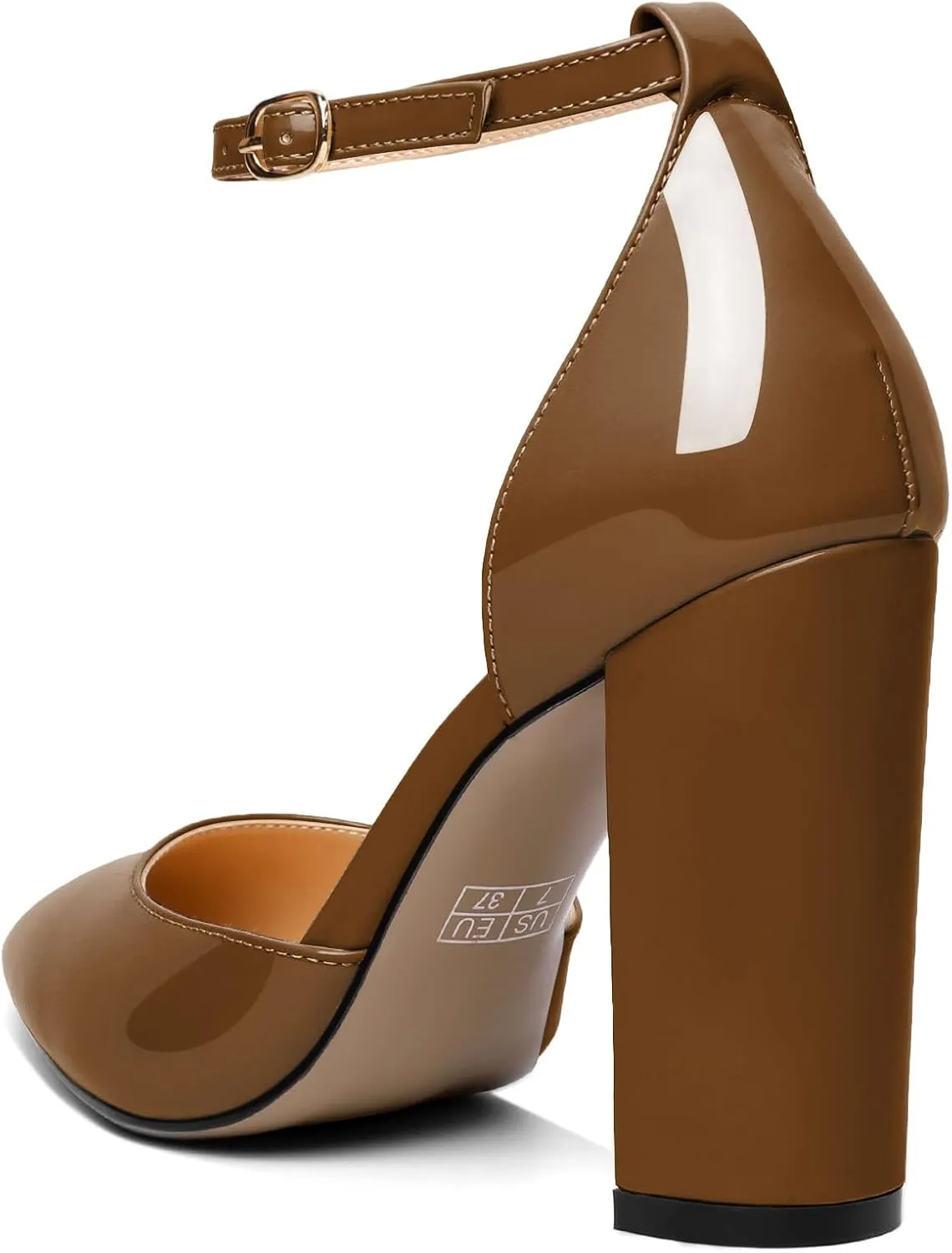 AUMOTED Women High Heel Pumps Chunky Heel Pointed Toe Patent Block Heels Ankle Strap Solid Dress Pumps Shoes 4 Inch