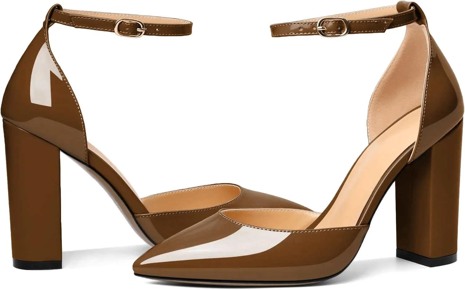 AUMOTED Women High Heel Pumps Chunky Heel Pointed Toe Patent Block Heels Ankle Strap Solid Dress Pumps Shoes 4 Inch
