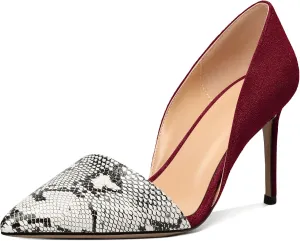 AUMOTED Women Stiletto Heels Snakeskin Slip On Pointed Toe Pumps Closed Toe High Heel Dress Shoes for Wedding Party Offie 3.4 Inch