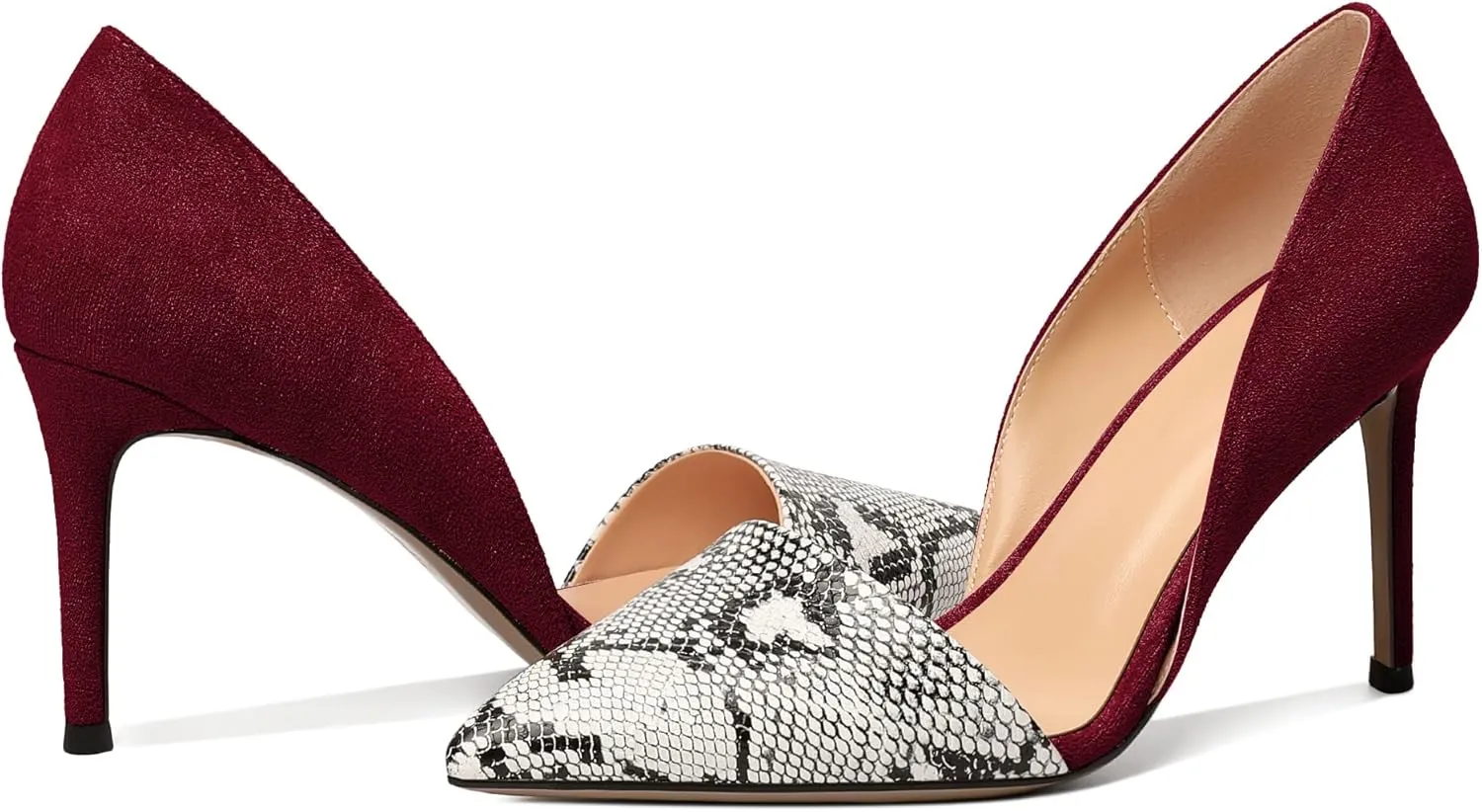 AUMOTED Women Stiletto Heels Snakeskin Slip On Pointed Toe Pumps Closed Toe High Heel Dress Shoes for Wedding Party Offie 3.4 Inch