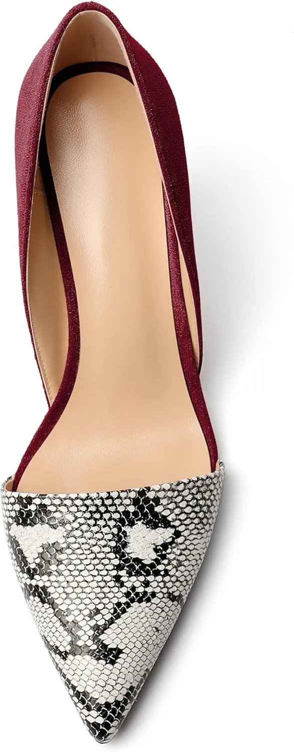 AUMOTED Women Stiletto Heels Snakeskin Slip On Pointed Toe Pumps Closed Toe High Heel Dress Shoes for Wedding Party Offie 3.4 Inch