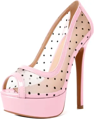 AUMOTED Women's Peep Toe High Heel Platform Stiletto Pumps Slip On Patent Mesh Polka Dot Heels 5.5" Party Wedding Dress Shoes