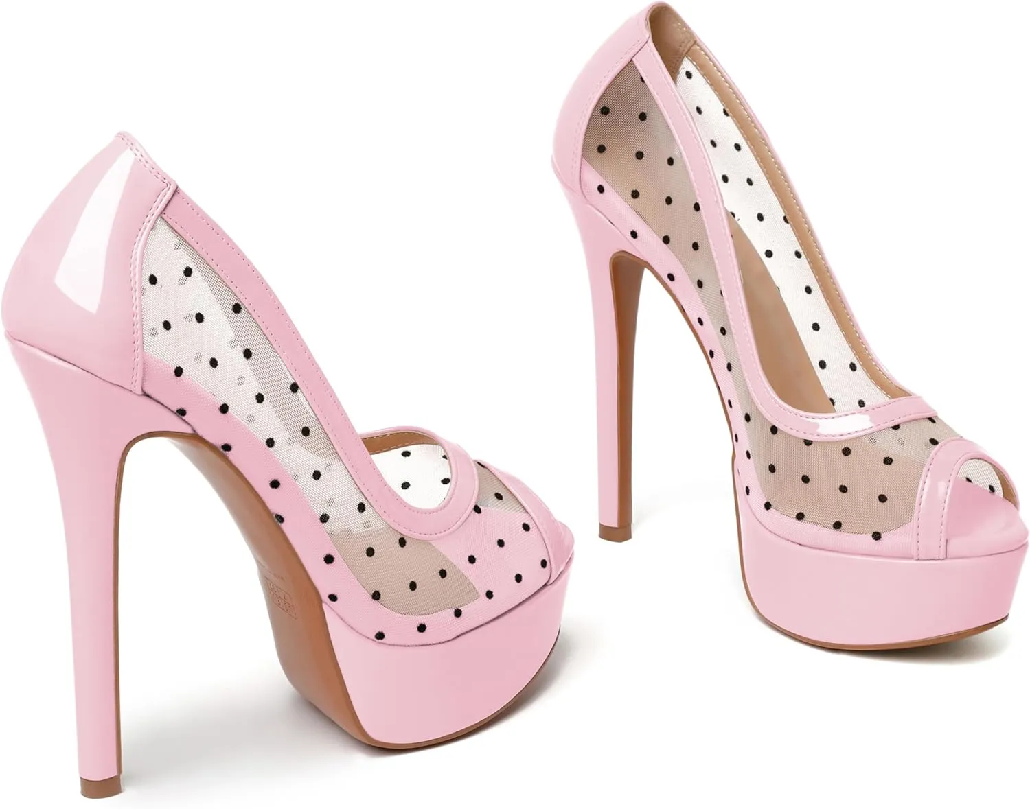 AUMOTED Women's Peep Toe High Heel Platform Stiletto Pumps Slip On Patent Mesh Polka Dot Heels 5.5" Party Wedding Dress Shoes