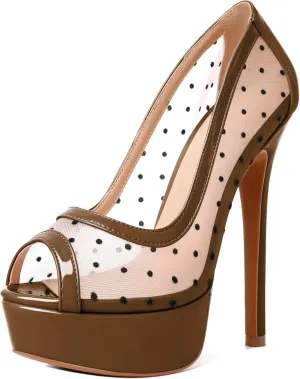 AUMOTED Women's Peep Toe High Heel Platform Stiletto Pumps Slip On Patent Mesh Polka Dot Heels 5.5" Party Wedding Dress Shoes