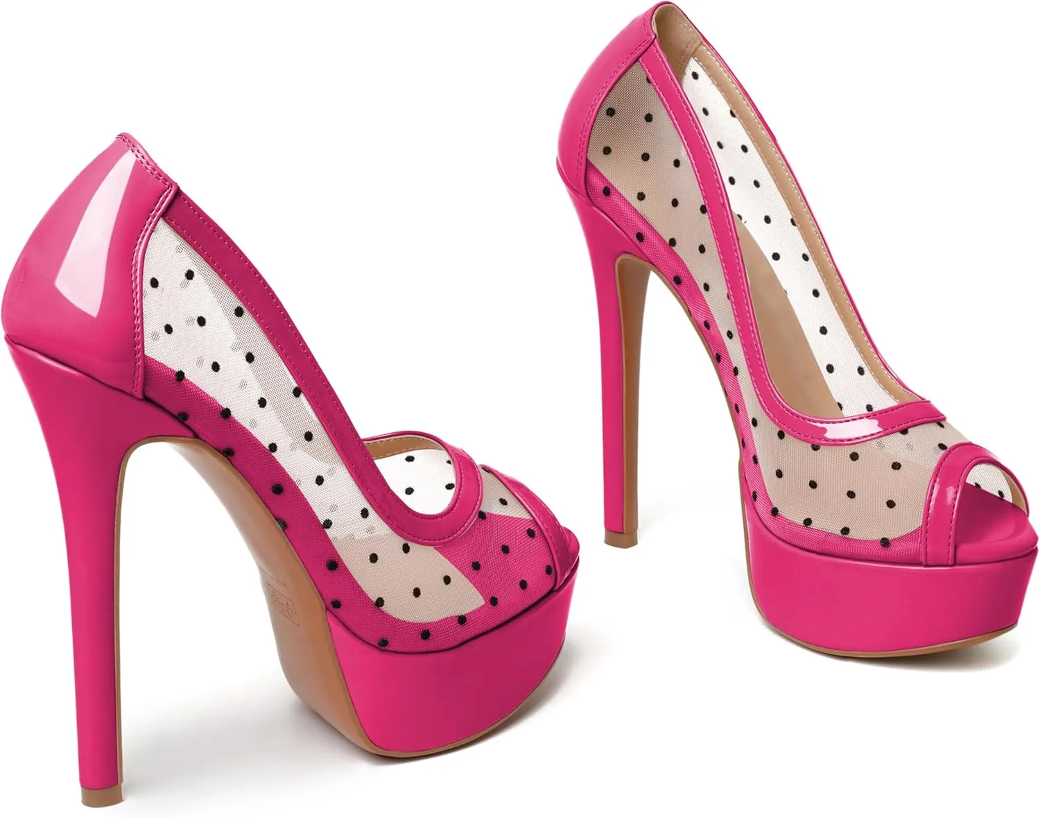 AUMOTED Women's Peep Toe High Heel Platform Stiletto Pumps Slip On Patent Mesh Polka Dot Heels 5.5" Party Wedding Dress Shoes