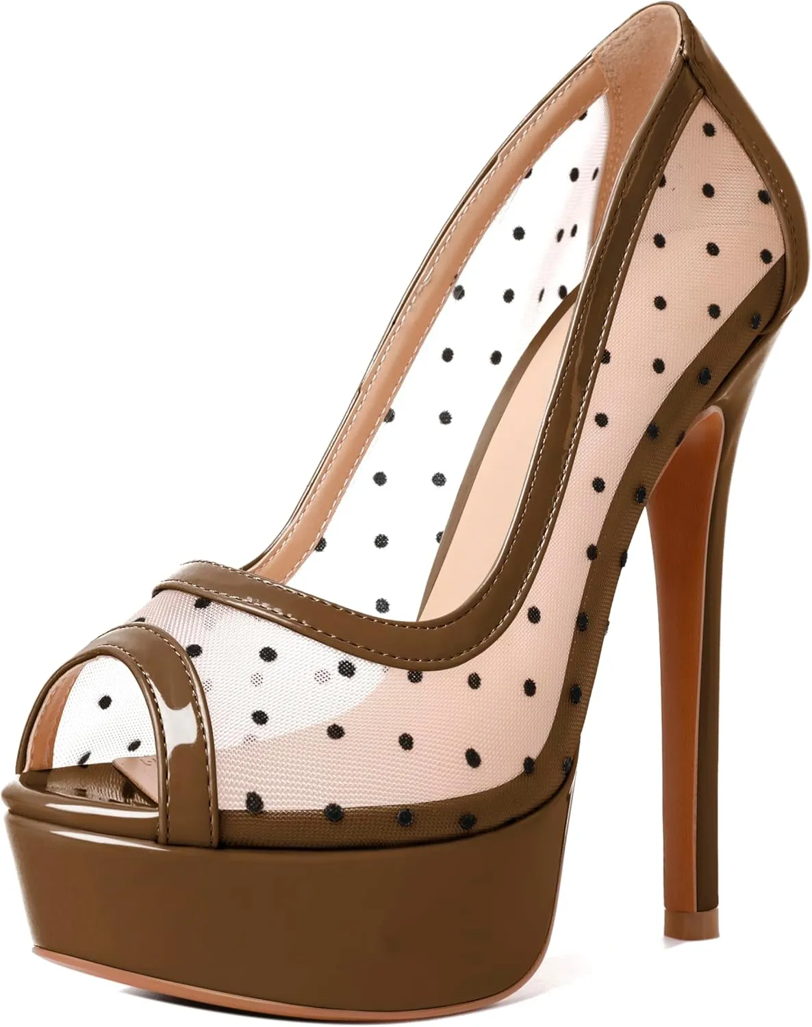 AUMOTED Women's Peep Toe High Heel Platform Stiletto Pumps Slip On Patent Mesh Polka Dot Heels 5.5" Party Wedding Dress Shoes